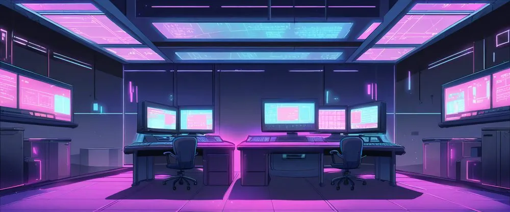 Dark control room with pink lighting