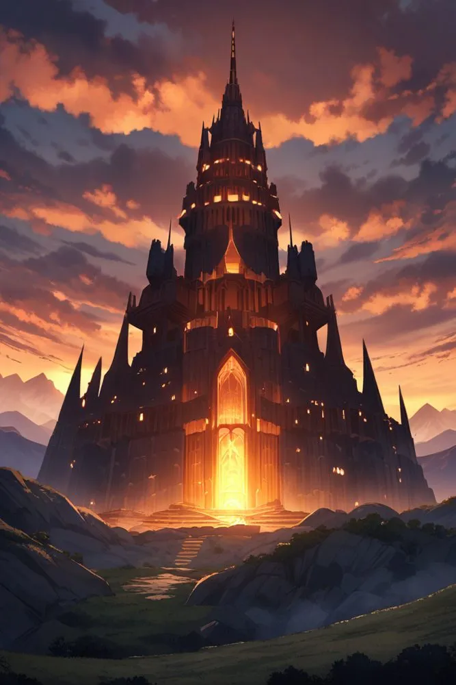 Castle glowing orange at dusk