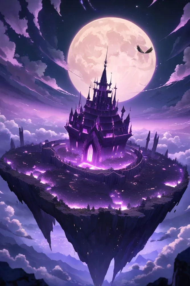Floating castle under a full moon, rendered with ComfyUI